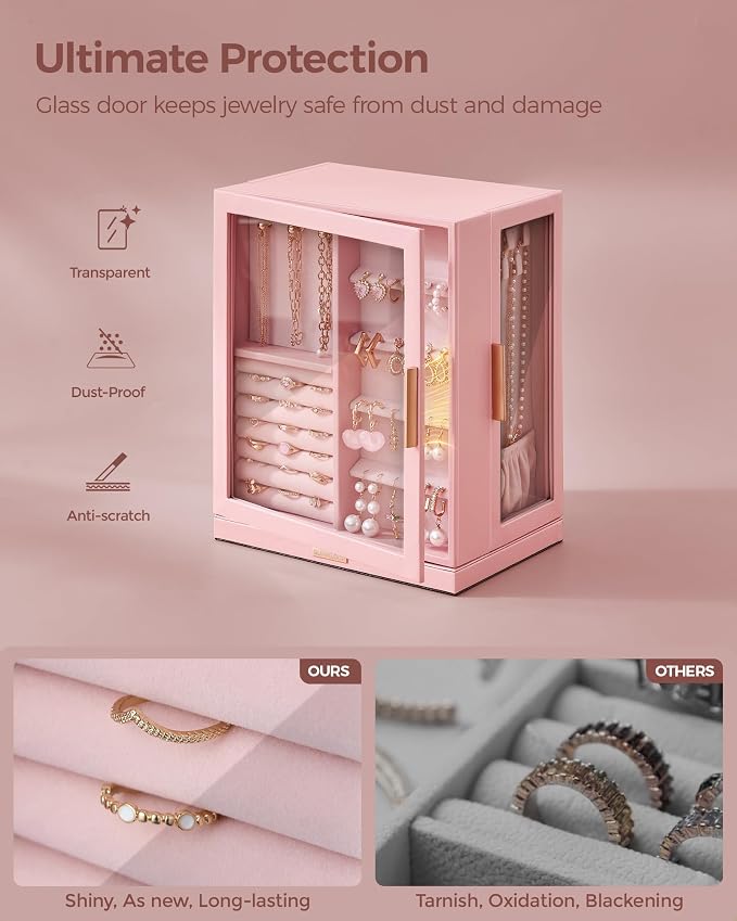 Glimmloop 360° Rotating Jewelry Box with 5 Drawers, Spacious Vertical Jewelry Organizer with Glass Window, Jewelry Storage Case, Dustproof & Moisture-resistant Design, Pink