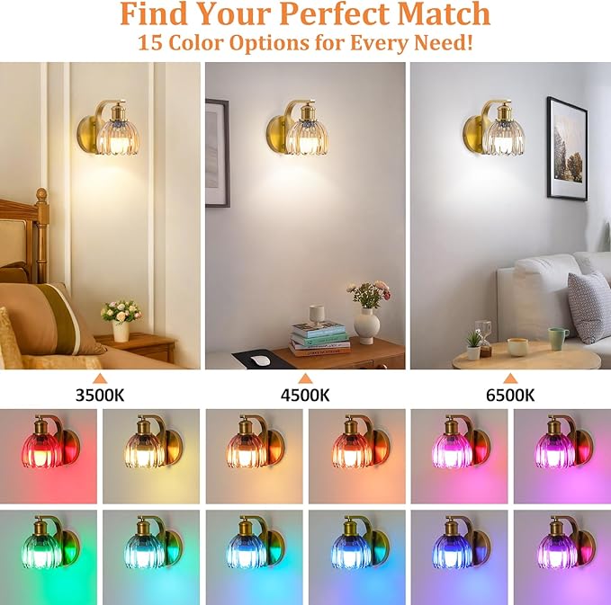 VerRon Rechargeable Battery Operated Wall Sconce with Amber Glass Lampshade, Wireless Wall Scone Decor with Remote Control, 15 Colors Gold Wall Light for Bedside Hallway Bedroom Doorway