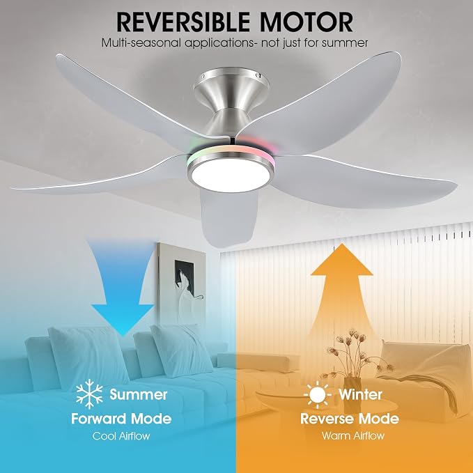 46" Ceiling Fans with Lights Remote/APP Control, Low Profile Ceiling Fans with Dimmable White Colors+Ring RGB Lights, 6 Speeds 5 Reversible Curved Blades for Kids Room Bedroom Living Room Bar, Nickel
