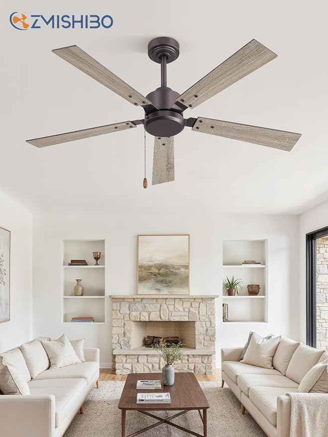 ZMISHIBO 52 Inch Ceiling Fan without Light, Farmhouse Ceiling Fan with Remote & Pull Chain, 6-Speeds, Quiet DC Motor, Brown Ceiling Fan no Light for Bedroom, office, Patio, Indoor/Outdoor Use