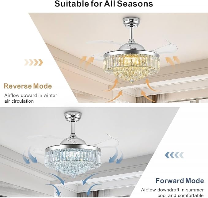 48 Inch Fandelier Ceiling Fan with Light, Chandelier Ceiling Fan for Bedroom Living Room, LED Dimmable, 6-Speed Reversible Motor, Timer & Memory Function-Chrome