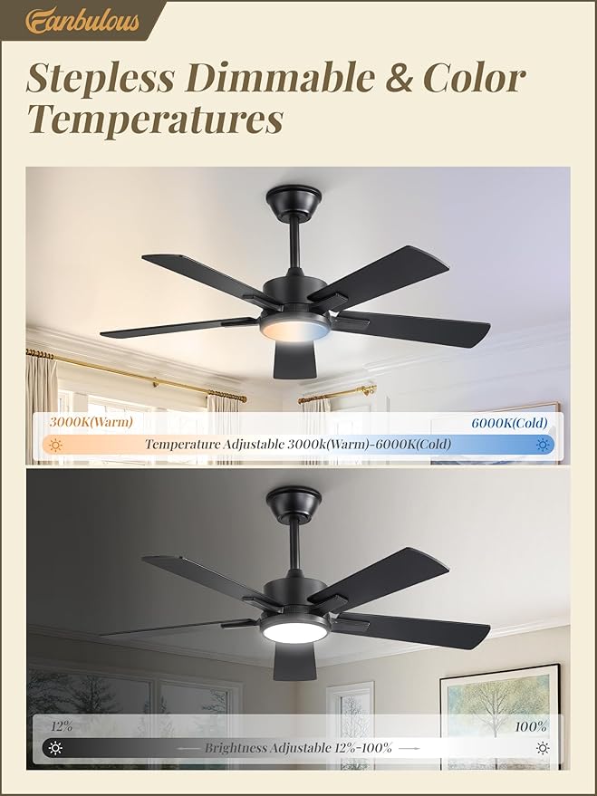 Fanbulous 42 Inch Ceiling Fans with Lights and Remote, Stepless Color Temperature Change & Dimmable 20W LED Ceiling Fan, 6 Speeds Reversible Quiet DC Motor for Bedroom, Living Room, Apartment,Black
