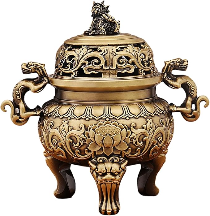 Antique Chinese Brass Incense Burner & Censer – Handmade Solid Brass with Fu Lion Foo Dog Lid, Feng Shui for Zen Meditation, Altar, Home Office Decor (5.5in, 670g), Harmony & Peace