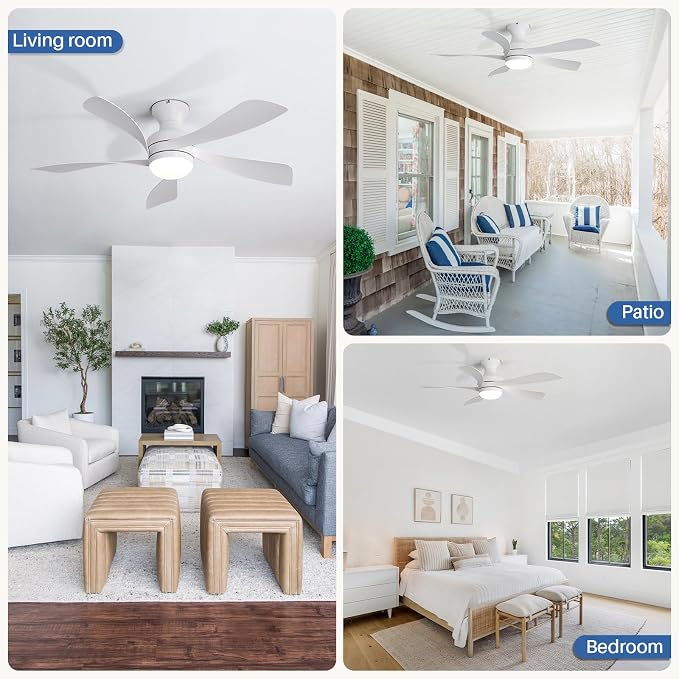 Sofucor 42 Inch Low Profile Ceiling Fan with Light, Flush Mount Outdoor White Ceiling Fan with Remote for Bedroom Living Room Patio, Dimmable LED High Airflow Quiet Reversible DC Motor