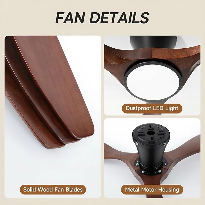 Skylike 52" Wood Ceiling Fan with Lights, Flush Mount Low Profile Ceiling Fan with Remote Control, Dimmable LED, Quiet Ceiling Fan Indoor/Outdoor for Living Room Bedroom Patio-Dark Walnut Finish