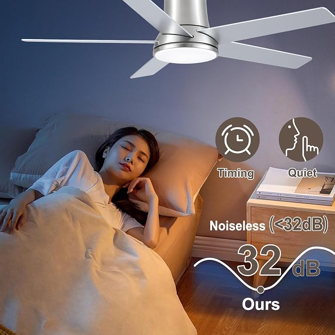 52 Inch Pro Brushed Nickel Flush Mount Ceiling Fans with Lights and Remote | 3CCT Dimmable LED, 6 Speed, Quiet DC Motor, 3-Level Timer Function, Forward/Reserve For all Seasons, Indoor/Covered Outdoor