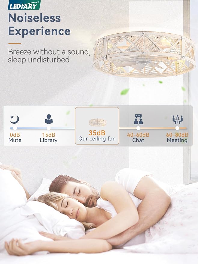 LEDIARY 23" Caged Ceiling Fan with Light, APP&Remote Control, Large Flush Mount Farmhouse Fan Lights, Low Profile Rustic Bladeless Ceiling Fan Fixtures for Bedroom, Kitchen-White Gold Color
