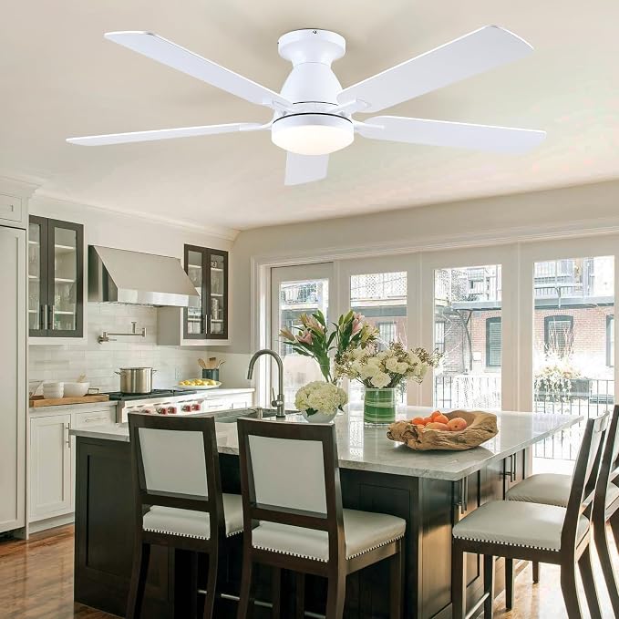 52 Inch Ceiling Fans with Lights and Remote, Flush Mount, White | Low Profile, Dimmable LED, Reversible, Quiet DC Motor, Wooden Blades, for Modern Apartment Bedroom Home Office Living Room
