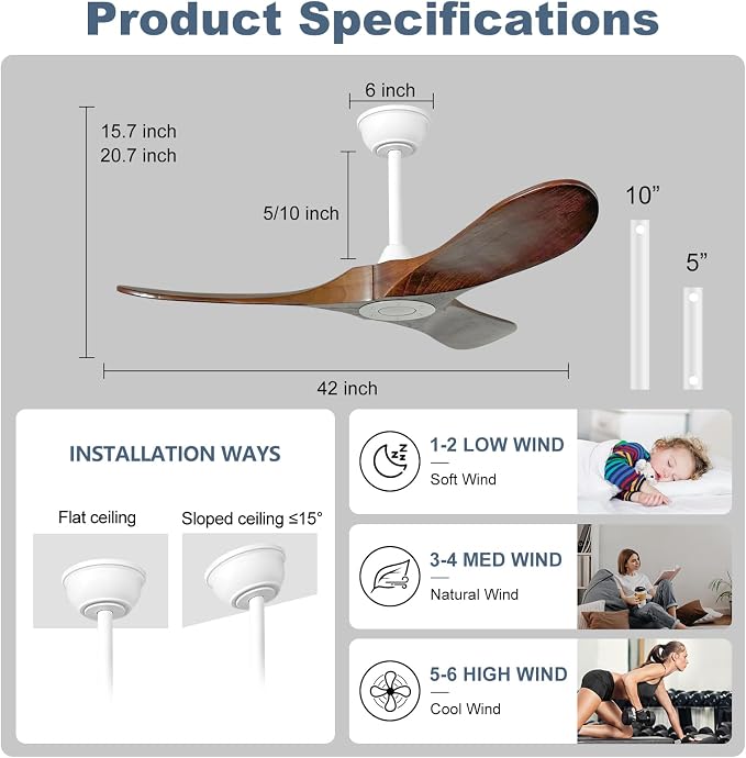 42'' Outdoor Ceiling Fan no Light,Solid Wood Ceiling Fan with Remote Control,Quiet and Reversible DC Motor with Large Airflow for Living Room,Patios,Gazebo (White+Dark Walnut)