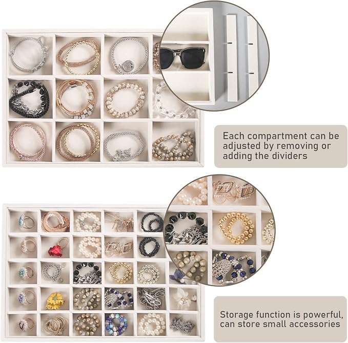 Coward Stackable Jewelry Trays Organizer Set with Clear Lid, Trays for Drawer, Earring Necklace Bracelet Ring Display Organizer (beige(ring+12girds+30girds+The glass lid))