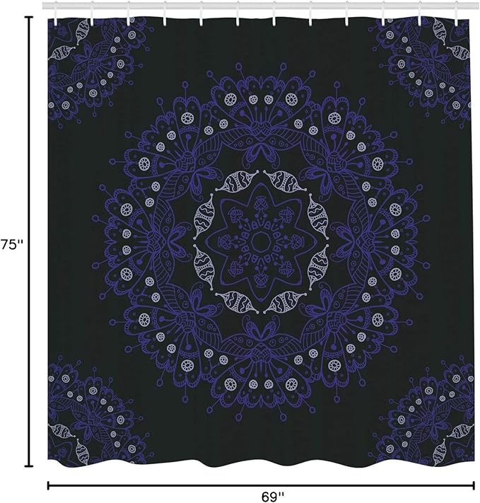 Ambesonne Dark Blue Shower Curtain, Oriental Round Ornate Mandala Lace Style Eastern, Cloth Fabric Bathroom Decor Set with Hooks, 69" W x 75" L, Blue Violet Coconut