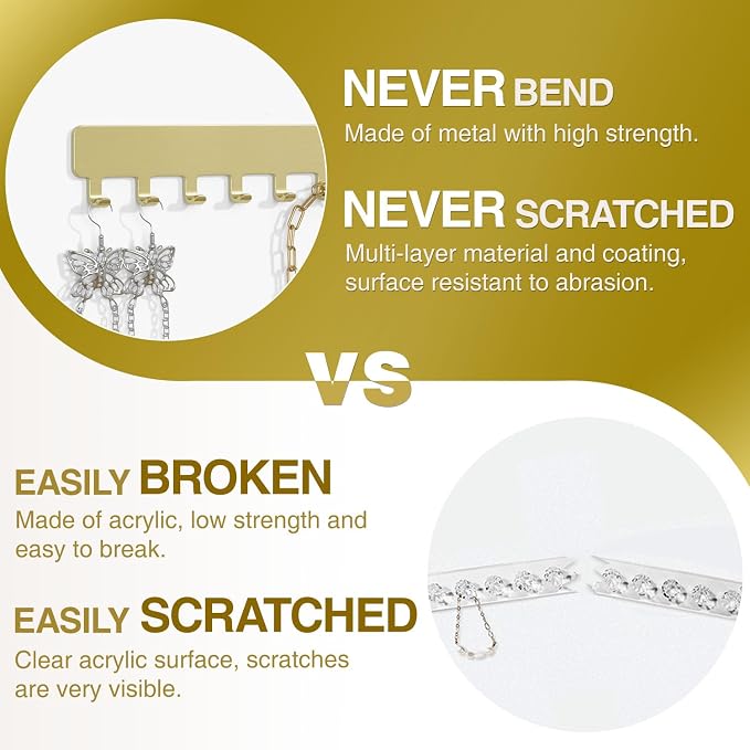 Necklace Holder Wall Mounted,Self Adhesive Jewelry Organizer,2 Pack,Gold | Modern Design,24 Hooks,Self Adhesive No Drilling,Durable 304 Stainless Steel,for bedroom/closet/bathroom/vanity