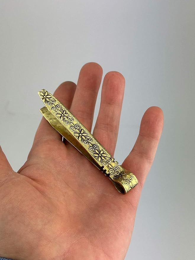 Vintage Brass Charcoal Tongs with Floral Engraved Handle - Antique Design Incense Tongs, 4.13 inches
