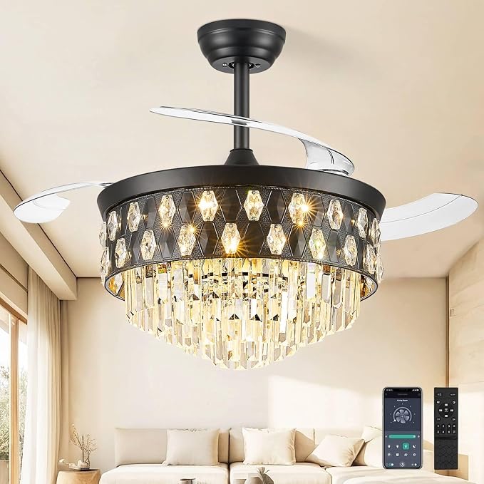 42'' Fandelier Ceiling Fan with Light, Chandelier Ceiling Fans with Lights, Crystal Ceiling Fans for Bedroom Living Room, LED Dimmable, 6 Wind Speed,3 Color Temperatures-9052 Black