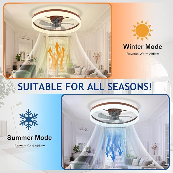 DLLT Bladeless Ceiling Fans with Lights: 24 Inch Modern Flush Mount Low Profile Ceiling Fan with APP Remote Control - Brown Enclosed LED Fandelier Dimmable Quiet DC Motor for Bedroom Living Room