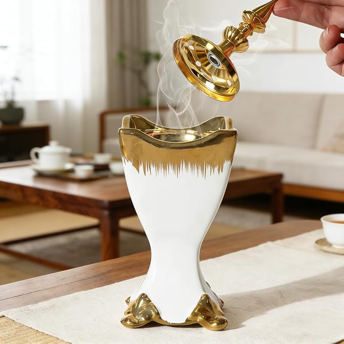 Ceramic Bakhoor Incense Burner - Tranditional Golden Bakhoor Burner - for Yoga, Spa, Aromatherapy, Office & Home Decor