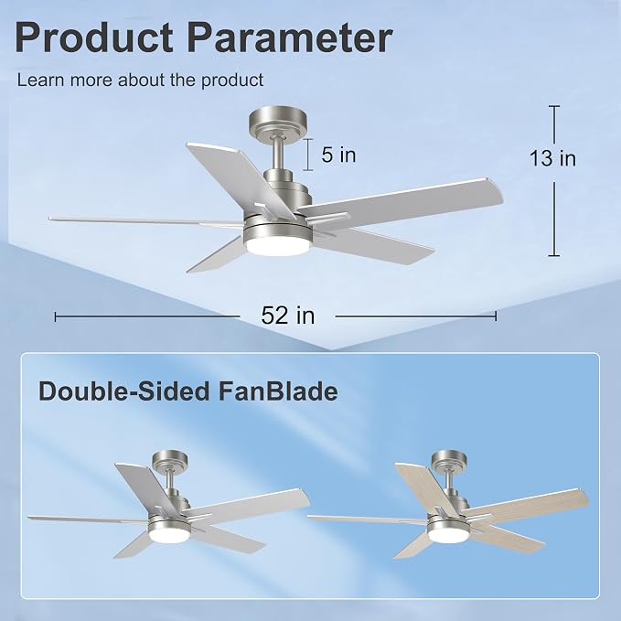 52 Inch Brushed Nickel Ceiling Fan with Light and Remote Control,Dimmable 3 Color Temperatures LED Ceiling Fan,6 Speeds Reversible DC Motor,5 Blades Modern Ceiling Fans for Indoor or Covered Outdoor