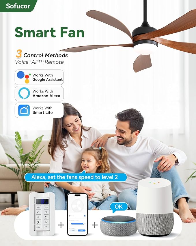 Sofucor 52" Smart Ceiling Fan, Indoor/Outdoor Ceiling Fans with Lights and Remote, Compatible with Alexa/Google/App, 3-Color Light 6-Speed Timing Reversible DC Motor for Bedroom Living Room Patio