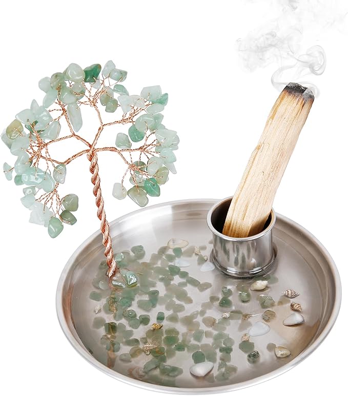 Incense Holder for Sticks, Anti-Ash Flying Incense Burner with Gemstone Money Tree Home Living Room Decorations Office Accessories for Women, Mothers Day Mom Gifts (Green Tree -14cm)