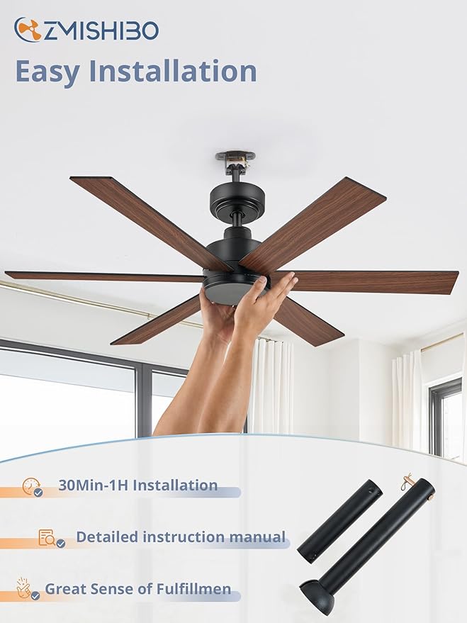 ZMISHIBO 48 Inch Ceiling Fan No Light, Black Ceiling Fan Without Light, 6 Blades, Quiet Reversible DC Motor, 6-Speeds, Modern Ceiling Fan for Living Room, Bedroom, Patio, Indoor/Outdoor Use