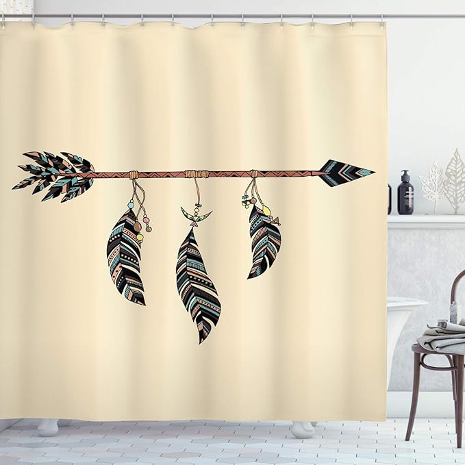 Ambesonne Arrows Shower Curtain, Arrow in Ethnical Pattern with Feathers Native Tribal Design Print, Cloth Fabric Bathroom Decor Set with Hooks, 69" W x 75" L, Beige Black