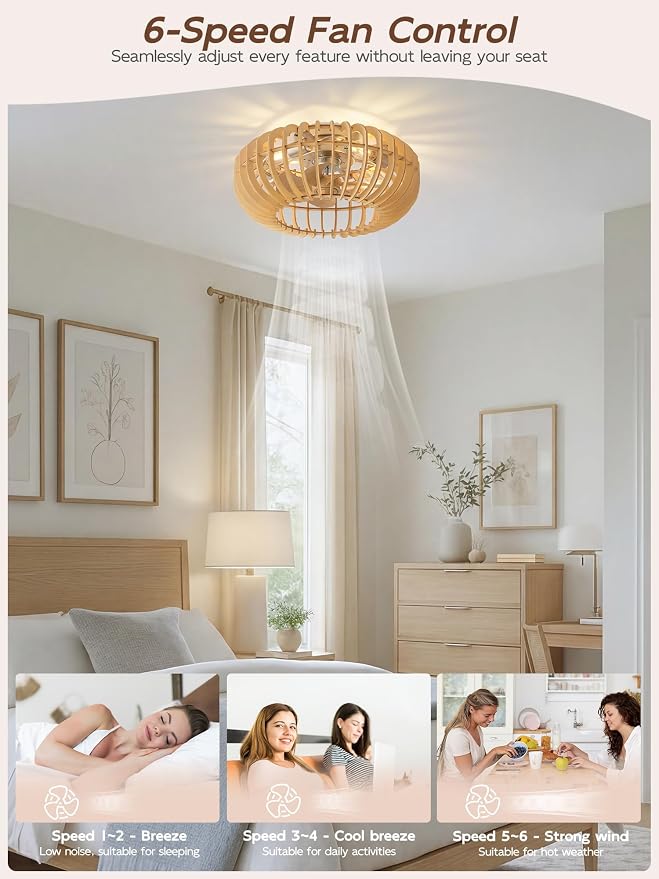 20" Wood Ceiling Fans with Lights Flush Mount, Caged Boho Ceiling Fan with Light Remote Control, Wooden Low Profile for Bedroom, Living Room, Nursery