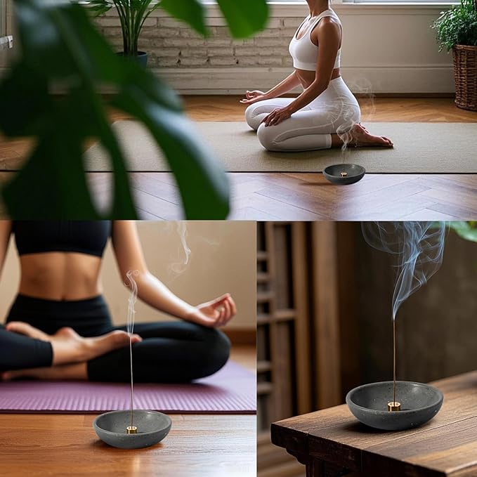 Koville Natural Marble Incense Holder, Incense Holder for Sticks with 9 Holes, Handmade Incense Burner Ash Catcher for Meditation Yoga SPA, Balsam Fir/Palo Santo/Sage/Cone (Gray)