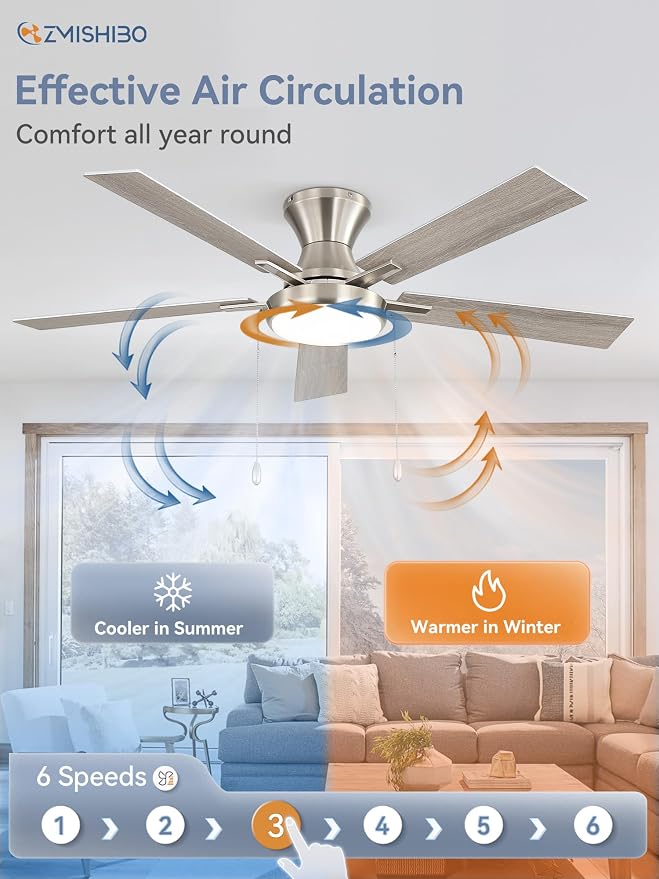 ZMISHIBO Ceiling Fans with Lights, Low Profile Ceiling Fan with Pull Chain and Remote Control, Flush Mount, Reversible, Dimmable, Noiseless, White Pull Cord Ceiling Fan for Bedroom(52inch Nickel)