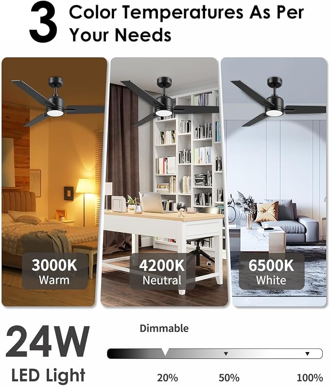 Newday 52 inch Ceiling Fans with Lights and Remote, Black 3 Blade Outdoor Fans for Patios -Dimmable Indoor DC Motor, 6 Speed, Quiet Noiseless, 3 CCT, Reversible, High CFM