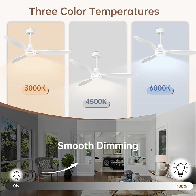 Ovlaim 52 Inch White Wood Ceiling Fan with Light and Remote | 30dB Quiet DC Motor, 6-Speed, Dimmable 3-Color, Memory Function, Reversible Motor, 3 Downrods Included, Bedroom Living Room