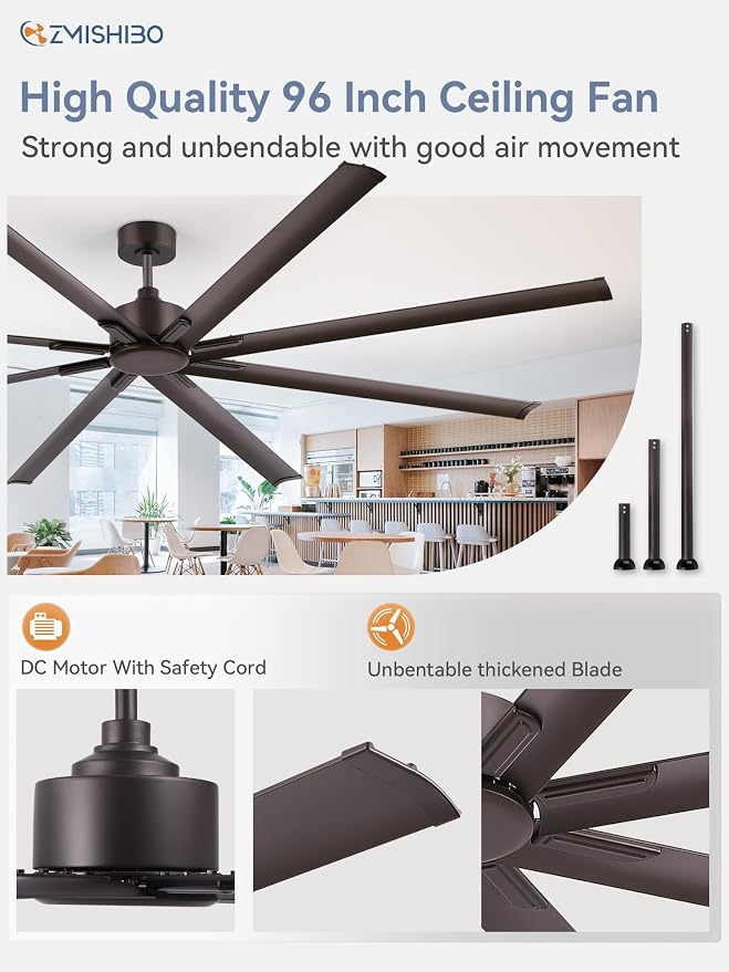 ZMISHIBO 96 Inch Industrial DC Motor Ceiling Fan, Large Ceiling Fan with 8 Reversible Blades, 3 Downrods, 6-Speed Remote Control, Home or Commercial Ceiling Fans for Porch/Garage/Shop, Oil-bronze