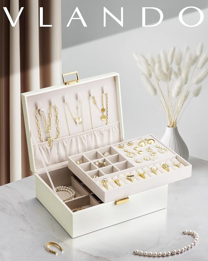 VLANDO Jewelry Box for Women, Gift for Women Girls,2 Layer Jewelry Box,Large Jewelry Organizer for Women Removable Jewelery Tray for Necklace Earrings Rings(Cream White) | Flexible Compartments, Separate Sections for Rings and Larger Pieces, Easy Every...