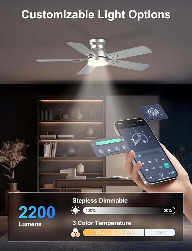42'' Silver Low Profile Ceiling Fan with Lights for Kids Room | App/Remote Control, Flush Mount, Space-Saving, Quiet DC Motor, 3CCT Dimmable, 6 Speeds Modern Overhead Fan for Low Ceilings