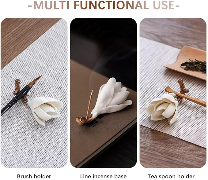 WAYUTO Vivid Magnolia Flower Incense Holder with Wood Tray Ceramic Incense Burner Decorative Incense Stick Burner Ash Catcher for Home Decoration