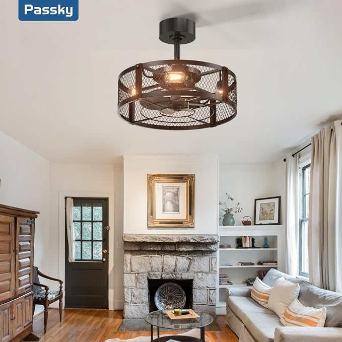 Passky 20 Inch Farmhouse Caged Ceiling Fans with Lights and Remote, Black Downrod Mount Bladeless Fandelier, 6 Speeds Bladeless Ceiling Fan Light for Bedroom, Kitchen, Living Room, Indoor