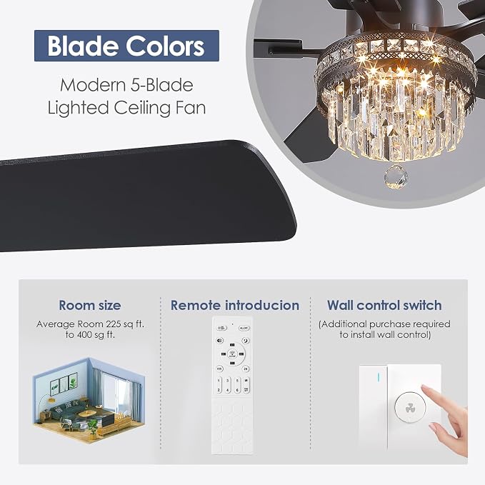 52" Chandelier Crystal Ceiling Fans with Lights and Remote/APP Control | Supports Remote and APP,Reversible 6 Wind Speeds,30W Quiet DC Motor,6 Wood Blades,Dimmable 30W LED,Suits for Bedroom Kitchen