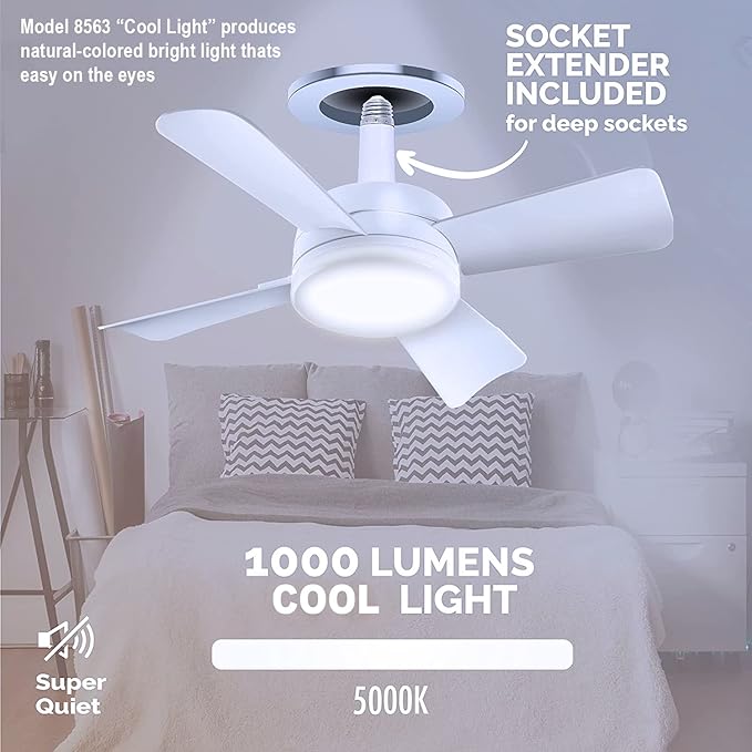 Bell+Howell Socket Breeze Modern Ceiling Fans with LED Lights, 10" LED E26 Screw Base Mini Light Socket Fan for Bedroom, Living Room, Kitchen, Balcony