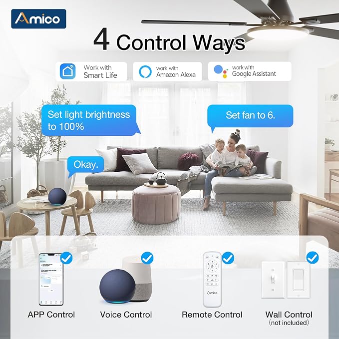 Amico Ceiling Fans with Lights, 52 inch Smart Ceiling Fan with Remote/APP/Alexa Control, Flush Mount, Reversible DC Motor, 5 Blades, 6 Speeds, 3CCT, Dimmable, Noiseless, Bedroom, Living Room, Black