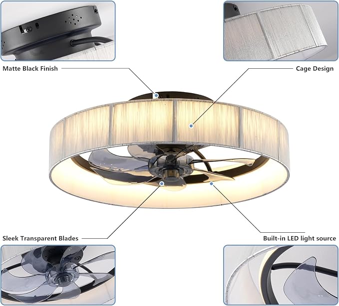 20" Flush Mount Caged Ceiling Fan with Lights, Low Profile Fandelier with Remote/App Control, 6 Speeds Dimmable LED Ceiling Fan, Fabric Farmhouse Style for Bedroom Kitchen Living Room