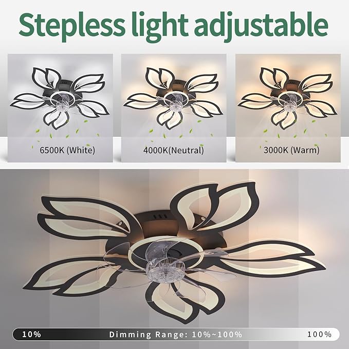 Modern Ceiling Fans with Lights, Low Profile Ceiling Fan with Remote for Bedroom, Flush Mount Ceiling Fan with LED Dimmable Light,3-Colors, 6-Speeds, Timing CeilingFan Light-Black Leaves