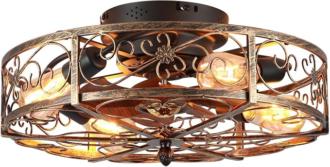 20'' Caged Ceiling Fan with Lights and Remote Control,Small Farmhouse Bladeless Low Profile Ceiling Fans Lights,Vintage Flush Mount Ceiling Light,Reversible Motor 6 Speeds for Bedroom,Living Room