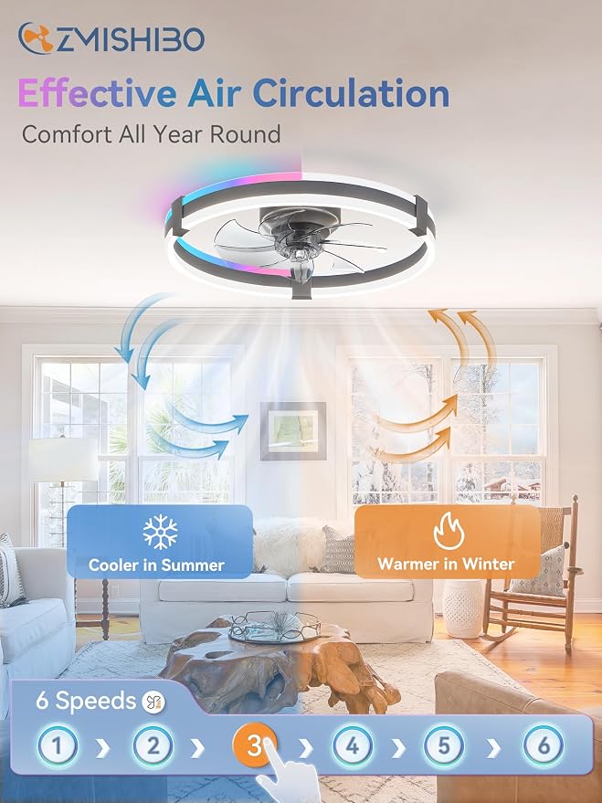 ZMISHIBO RGB Ceiling Fans with Lights and Remote, 20 inch Low Profile Ceiling Fan with Light, 3000K-6000K Dimmable & RGB, Modern Fandelier Flush Mount Ceiling Fan, Small LED Fan for Bedroom,Grey