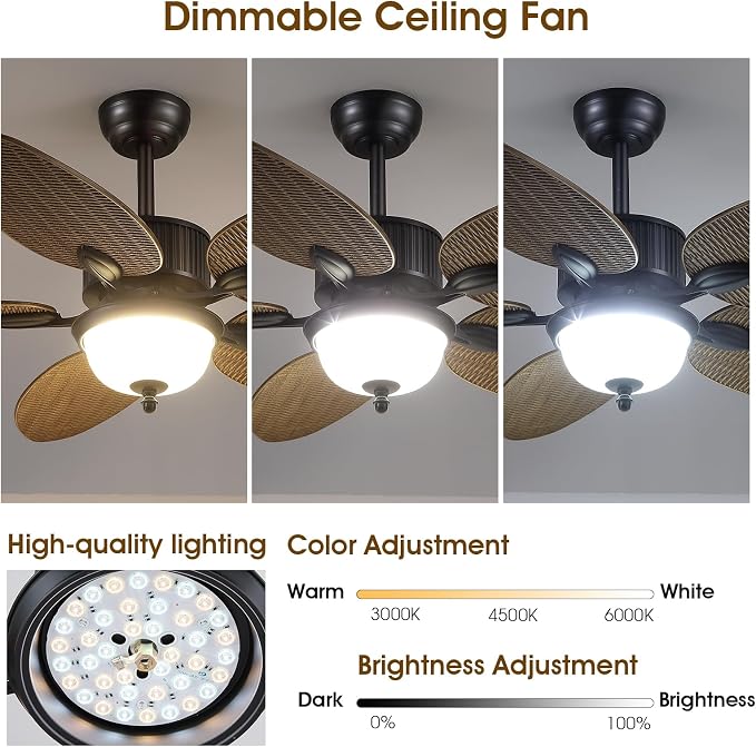 Wiviniya 50 Inch Tropical Ceiling Fans with Lights, Palm Leaf Waterproof Outdoor Ceiling Fan for Patios Porch, Remote/APP Control, Wet Rated, Glass Lampshade, Quiet DC Motor, Dimmable LED, Wood Grain