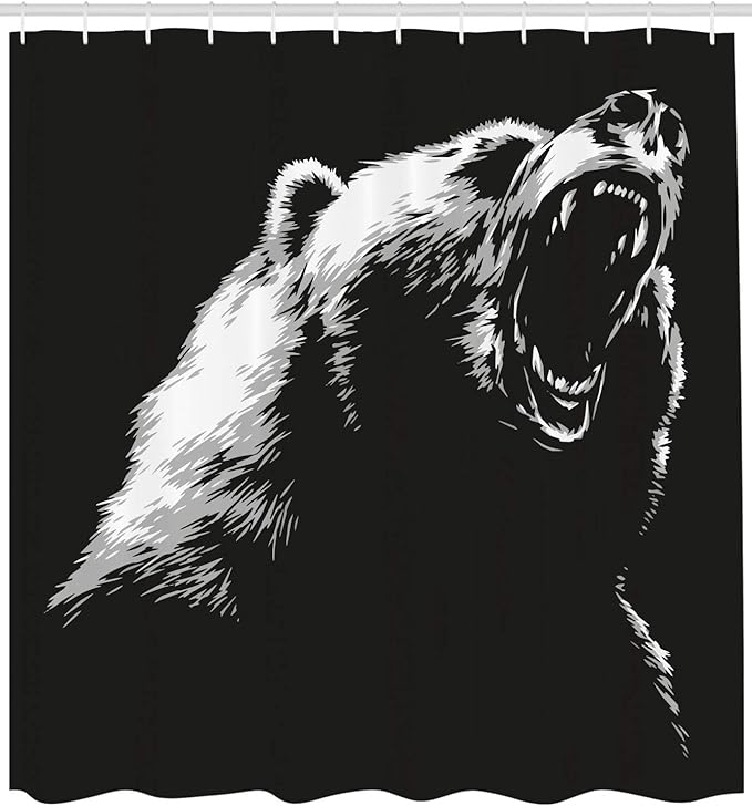 Ambesonne Bear Shower Curtain, Sketch Line Style Roaring Carnivore Fur and Fangs Aggressive Predator Fauna, Cloth Fabric Bathroom Decor Set with Hooks, 69" W x 84" L, Charcoal Grey White