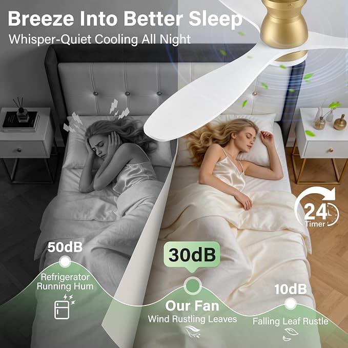52" Wood Ceiling Fans with Lights Remote,Smart Control via WIFI Alexa APP,Outdoor Indoor Flush Mount Ceiling Fan for Low Profile Modern Living Room,Patio,White and Gold,Dimmable LED,Quiet DC Motor