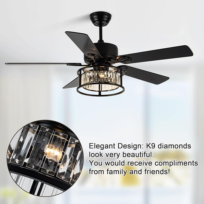 Dawn Whisper 52 Inch Chandelier Ceiling Fans with Lights and Remote Quiet and Reversible DC Motor Black Caged Modern Ceiling Fan for Bedroom Living Room