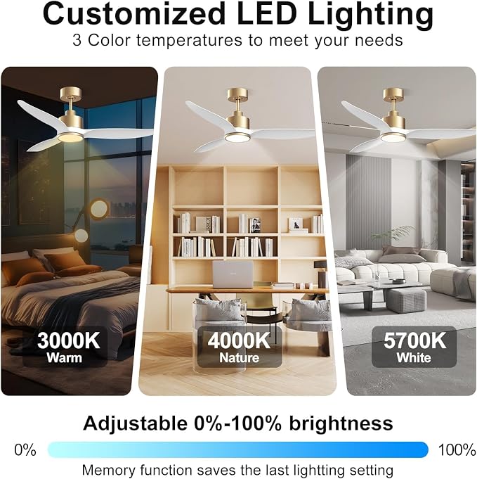 52 Inch High CFM Modern White Gold Ceiling Fan with Light and Remote | Quiet DC Motor, 3-Color Dimmable LED with Memory, Reversible, 6 Speeds, Indoor Ceiling Fan for Bedroom Living Room