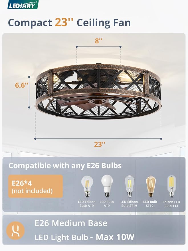 LEDIARY 23" Caged Ceiling Fan with Light, APP&Remote Control, Large Flush Mount Farmhouse Fan Lights, Low Profile Rustic Bladeless Ceiling Fan Fixtures for Bedroom, Kitchen-Black Gold Color