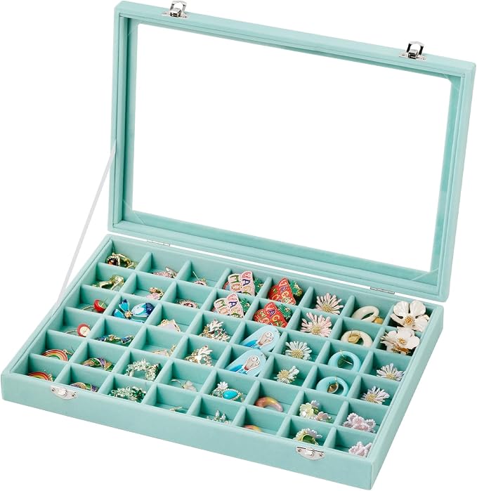 Frebeauty 48 Grid Earring Organizer,Velvet Jewelry Tray with Clear Lid | Drawer Jewelry Organizer for Rings Studs Beads,Adjustable Dividers,Dustproof,Earring Storage,Trinket Box,13.8×9.5Inches