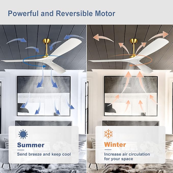 Modern Ceiling Fan with Remote: White and Gold Ceiling Fans 3 Blades - 60 Inch Ceiling Fan No Light for Covered Outdoor Living Room Bedroom